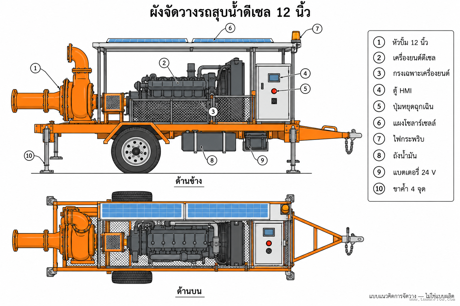 เครื่องสูบน้ำแบบหอยโข่ง ขับด้วยเครื่องยนต์ดีเซล ขนาดท่อดูดและท่อส่งไม่น้อยกว่า 12 นิ้ว ติดตั้งบนรถพ่วงลากจูง พร้อมระบบควบคุมอัตโนมัติและแผงเซลล์แสงอาทิตย์